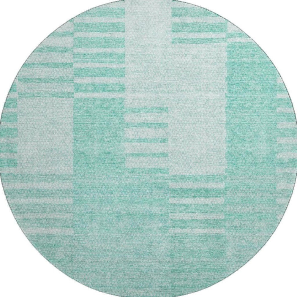 HomeRoots 8' Teal and Ivory Striped Round Rug - Washable, UV Protected, Perfect for High-Traffic Areas! 656235