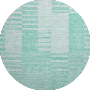 HomeRoots 8' Teal and Ivory Striped Round Rug - Washable, UV Protected, Perfect for High-Traffic Areas! 656235