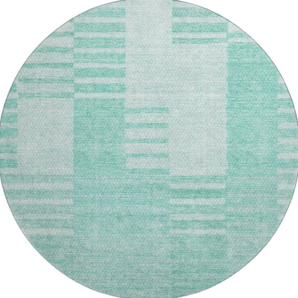 HomeRoots 8' Teal and Ivory Striped Round Rug - Washable, UV Protected, Perfect for High-Traffic Areas! 656235