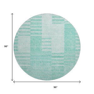 HomeRoots 8' Teal and Ivory Striped Round Rug - Washable, UV Protected, Perfect for High-Traffic Areas! 656235