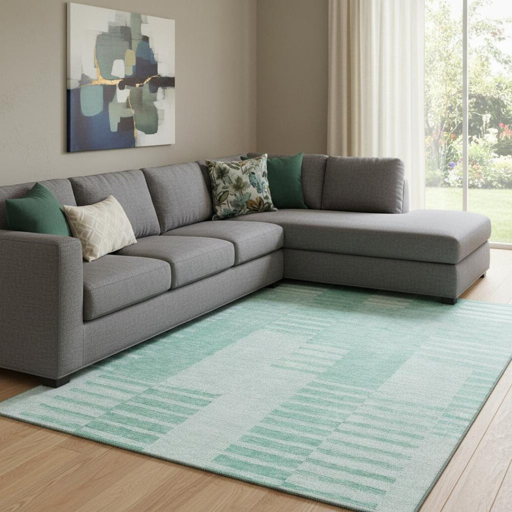 HomeRoots 8' X 10' Teal and Ivory Striped Area Rug – Durable, Washable, UV Protected for Stylish Homes & Playrooms 656236
