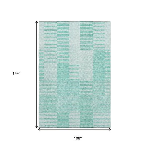 HomeRoots 9' X 12' Teal and Ivory Striped Area Rug - Stylish, UV-Protected, Stain-Resistant for Any Space 656237
