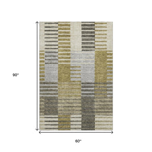 HomeRoots 5' X 8' Striped Washable Area Rug in Brown, Ivory & Gray – Durable, Stain Resistant, UV Protected! 656240