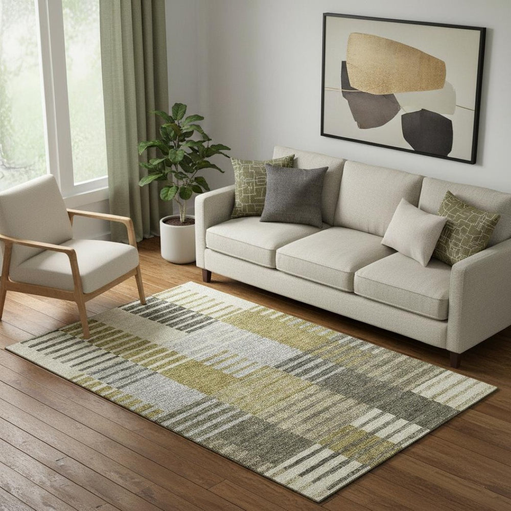 HomeRoots 5' X 8' Striped Washable Area Rug in Brown, Ivory & Gray – Durable, Stain Resistant, UV Protected! 656240