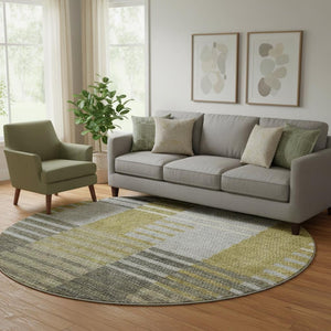 HomeRoots 8' Brown, Ivory & Gray Striped Washable Round Rug - UV Protected, Stain Resistant, Easy-Care Decor Piece 656241