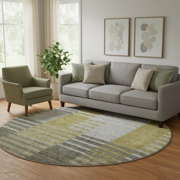 HomeRoots 8' Brown, Ivory & Gray Striped Washable Round Rug - UV Protected, Stain Resistant, Easy-Care Decor Piece 656241