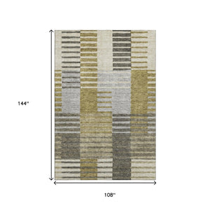 HomeRoots 9' X 12' Striped Area Rug in Brown, Ivory & Gray - Washable, UV Protected, Stain Resistant for Homes 656243