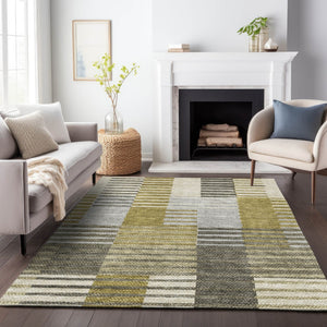 HomeRoots 9' X 12' Striped Area Rug in Brown, Ivory & Gray - Washable, UV Protected, Stain Resistant for Homes 656243