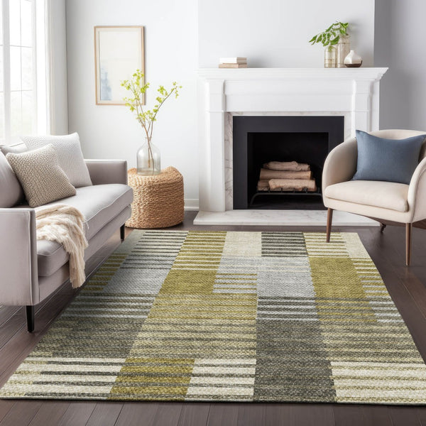 HomeRoots 9' X 12' Striped Area Rug in Brown, Ivory & Gray - Washable, UV Protected, Stain Resistant for Homes 656243