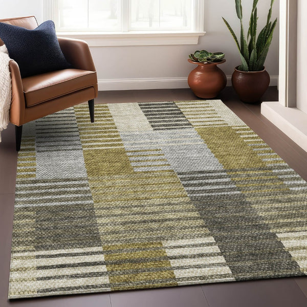HomeRoots 10' Transitional Striped Area Rug in Brown, Ivory & Gray - Washable, UV-Protected, Pet-Friendly Design 656244