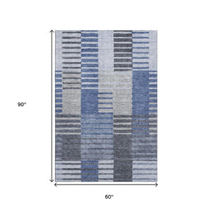 HomeRoots 5' X 8' Stylish Blue Ivory Gray Striped Area Rug - Washable, UV Resistant, Perfect for High-Traffic Areas 656246