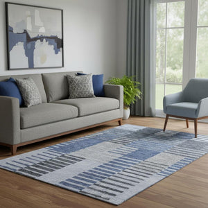 HomeRoots 5' X 8' Stylish Blue Ivory Gray Striped Area Rug - Washable, UV Resistant, Perfect for High-Traffic Areas 656246