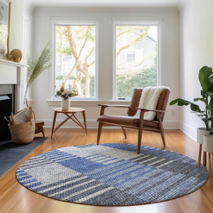 HomeRoots 8' Blue Ivory and Gray Striped Round Rug - Washable, UV Protected, Durable for Indoor & Outdoor Use 656247