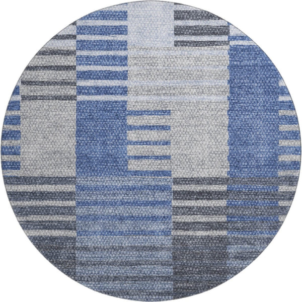 HomeRoots 8' Blue Ivory and Gray Striped Round Rug - Washable, UV Protected, Durable for Indoor & Outdoor Use 656247