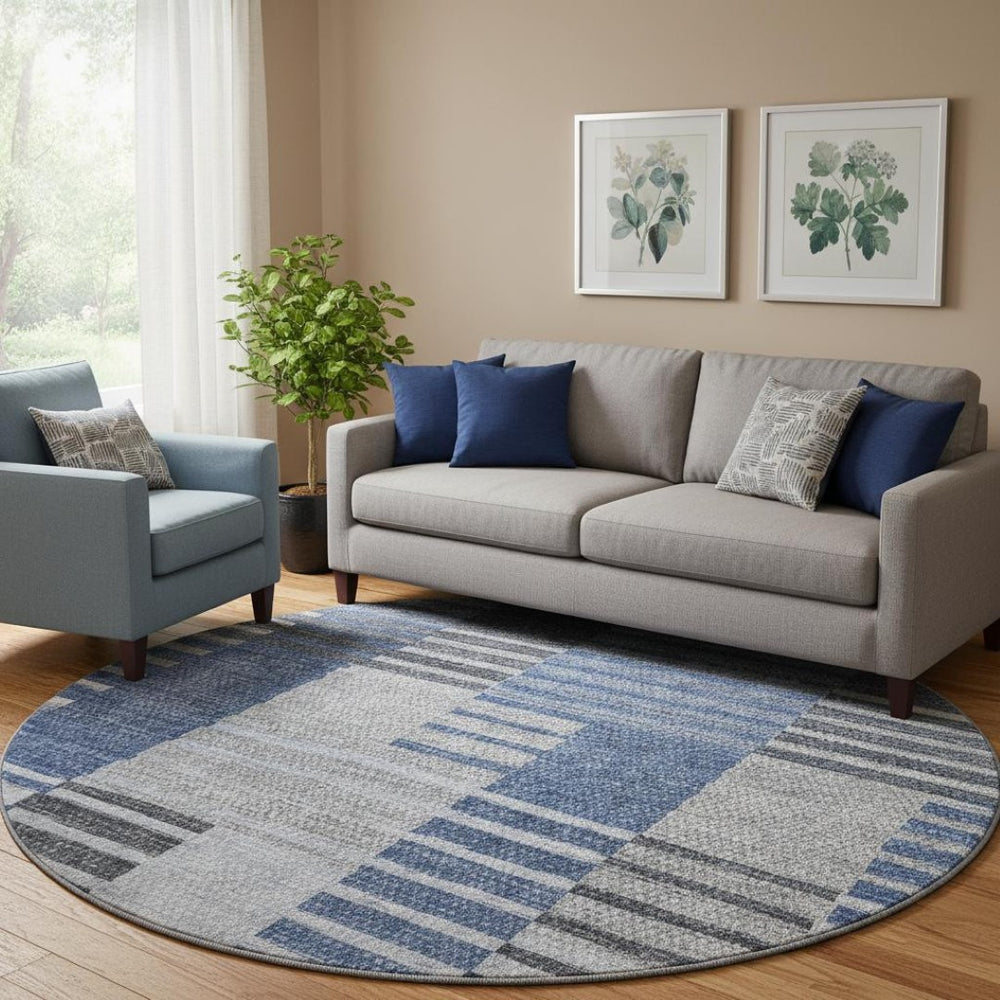 HomeRoots 8' Blue Ivory and Gray Striped Round Rug - Washable, UV Protected, Durable for Indoor & Outdoor Use 656247
