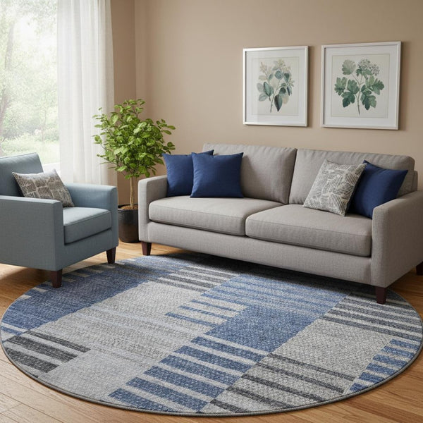 HomeRoots 8' Blue Ivory and Gray Striped Round Rug - Washable, UV Protected, Durable for Indoor & Outdoor Use 656247
