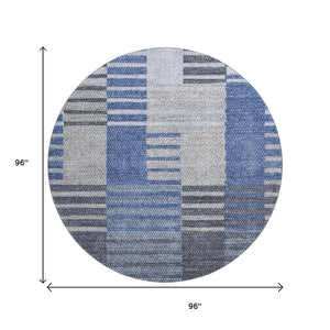 HomeRoots 8' Blue Ivory and Gray Striped Round Rug - Washable, UV Protected, Durable for Indoor & Outdoor Use 656247