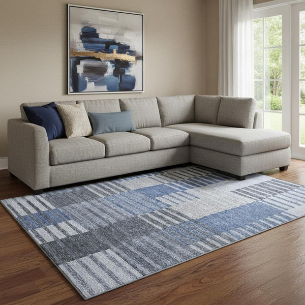 HomeRoots 8' X 10' Striped Area Rug in Blue, Ivory & Gray – Washable, UV-Protected, Stylish for Any Space! 656248