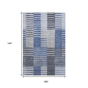 HomeRoots 9' X 12' Durable Blue Ivory Gray Striped Washable Area Rug – UV Protected for High-Traffic Rooms 656249