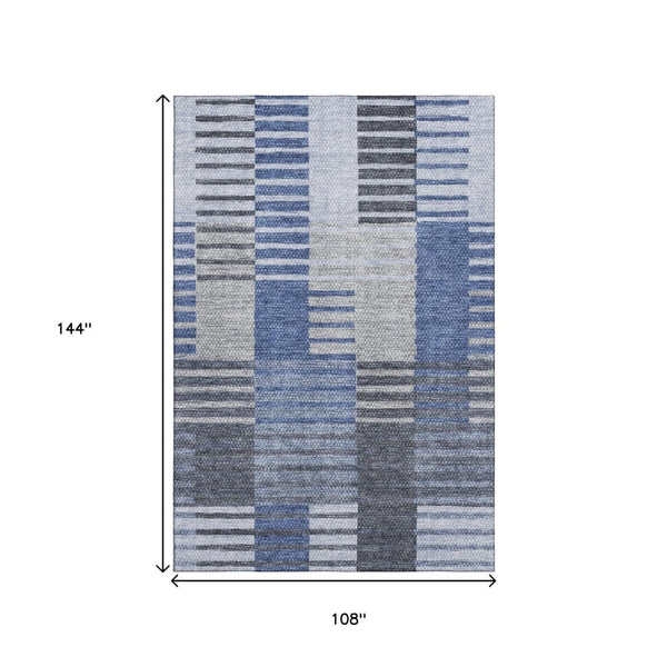 HomeRoots 9' X 12' Durable Blue Ivory Gray Striped Washable Area Rug – UV Protected for High-Traffic Rooms 656249