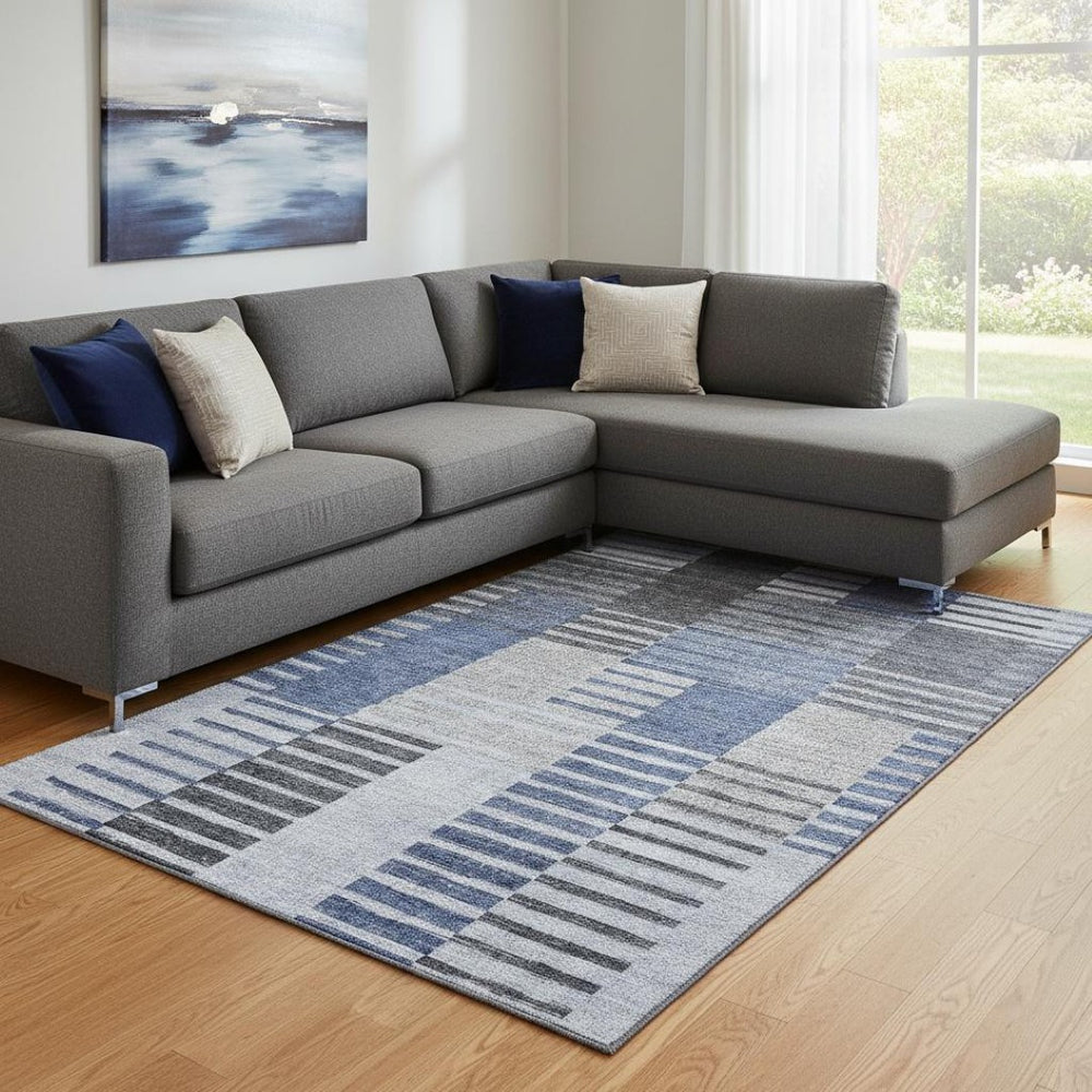HomeRoots 9' X 12' Durable Blue Ivory Gray Striped Washable Area Rug – UV Protected for High-Traffic Rooms 656249