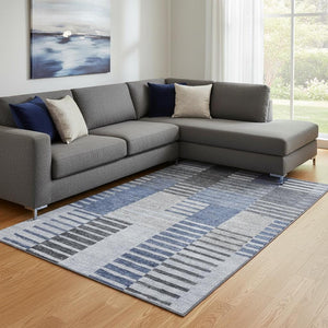 HomeRoots 9' X 12' Durable Blue Ivory Gray Striped Washable Area Rug – UV Protected for High-Traffic Rooms 656249