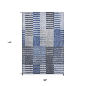 HomeRoots 10' X 14' Blue Ivory Gray Striped Area Rug - Durable, Washable, UV Protected for High-Traffic Homes 656250
