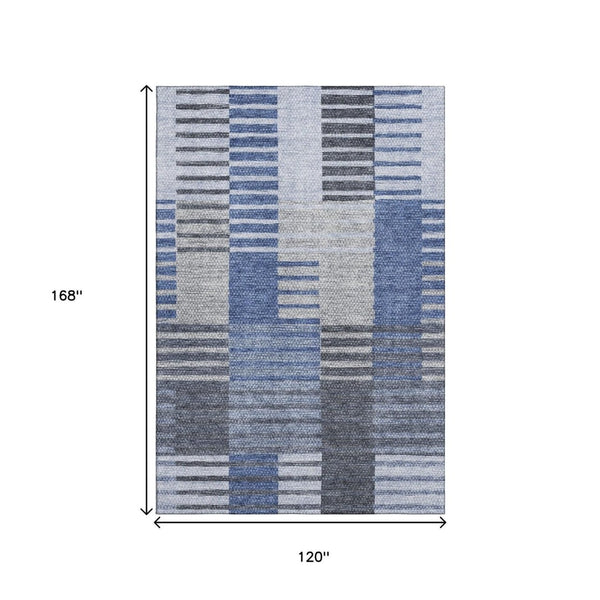 HomeRoots 10' X 14' Blue Ivory Gray Striped Area Rug - Durable, Washable, UV Protected for High-Traffic Homes 656250
