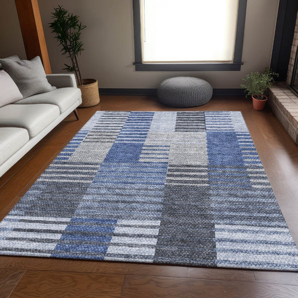 HomeRoots 10' X 14' Blue Ivory Gray Striped Area Rug - Durable, Washable, UV Protected for High-Traffic Homes 656250