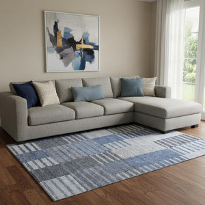 HomeRoots 10' X 14' Blue Ivory Gray Striped Area Rug - Durable, Washable, UV Protected for High-Traffic Homes 656250
