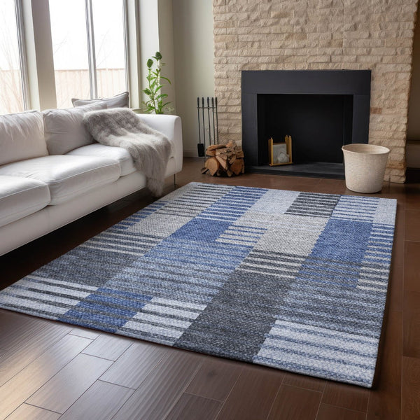 HomeRoots 10' X 14' Blue Ivory Gray Striped Area Rug - Durable, Washable, UV Protected for High-Traffic Homes 656250