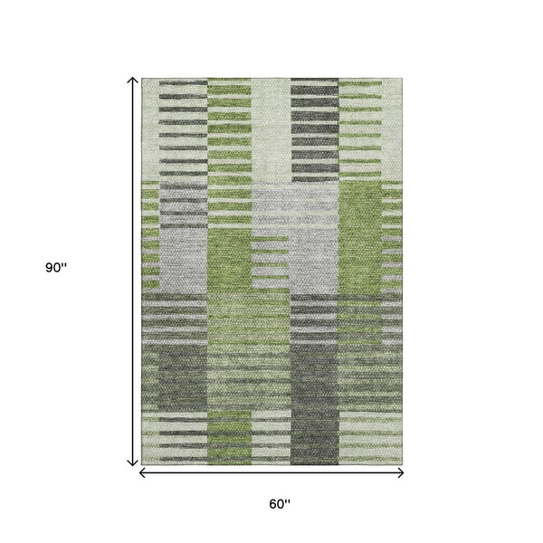 HomeRoots 5' Stylish Green, Ivory, and Gray Striped Washable Area Rug with UV Protection for Any Space 656252