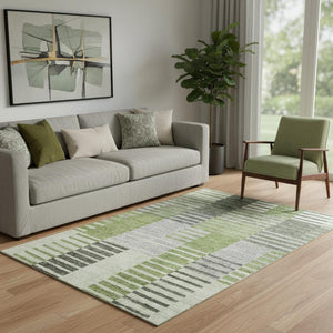 HomeRoots 5' Stylish Green, Ivory, and Gray Striped Washable Area Rug with UV Protection for Any Space 656252