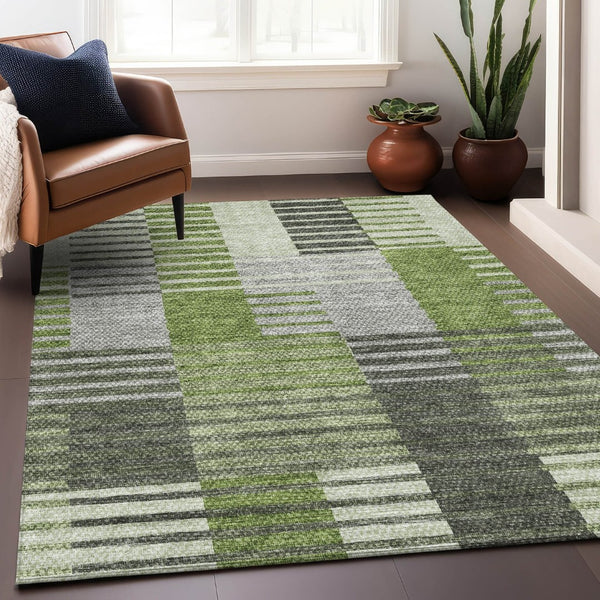 HomeRoots 5' Stylish Green, Ivory, and Gray Striped Washable Area Rug with UV Protection for Any Space 656252