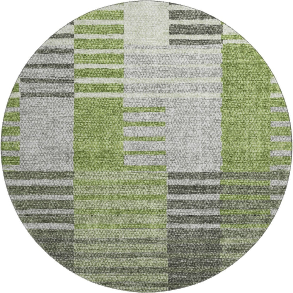 HomeRoots 8' Green Ivory and Gray Striped Washable Round Rug – UV Protected, Stain-Resistant, Soft Polyester! 656253