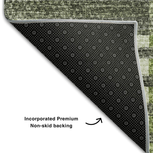 HomeRoots 8' Green Ivory and Gray Striped Washable Round Rug – UV Protected, Stain-Resistant, Soft Polyester! 656253