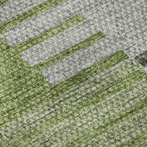 HomeRoots 8' Green Ivory and Gray Striped Washable Round Rug – UV Protected, Stain-Resistant, Soft Polyester! 656253