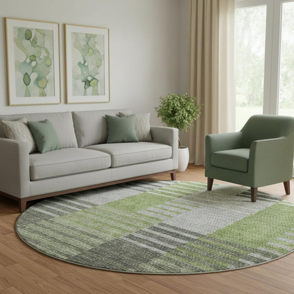 HomeRoots 8' Green Ivory and Gray Striped Washable Round Rug – UV Protected, Stain-Resistant, Soft Polyester! 656253