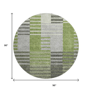 HomeRoots 8' Green Ivory and Gray Striped Washable Round Rug – UV Protected, Stain-Resistant, Soft Polyester! 656253
