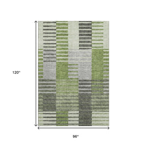 HomeRoots 8' X 10' Washable Green, Ivory & Gray Striped Area Rug with UV Protection for High-Traffic Spaces 656254