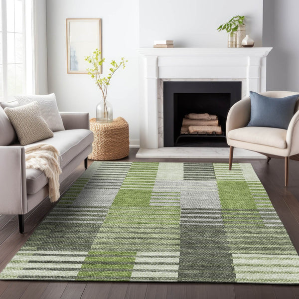 HomeRoots 8' X 10' Washable Green, Ivory & Gray Striped Area Rug with UV Protection for High-Traffic Spaces 656254