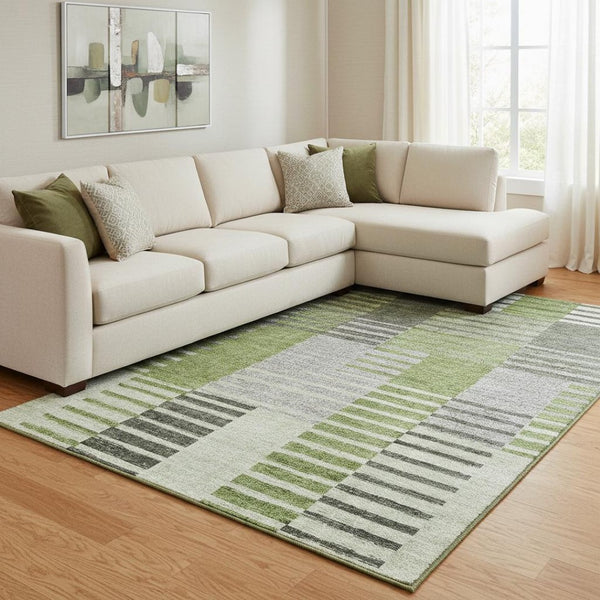 HomeRoots 8' X 10' Washable Green, Ivory & Gray Striped Area Rug with UV Protection for High-Traffic Spaces 656254