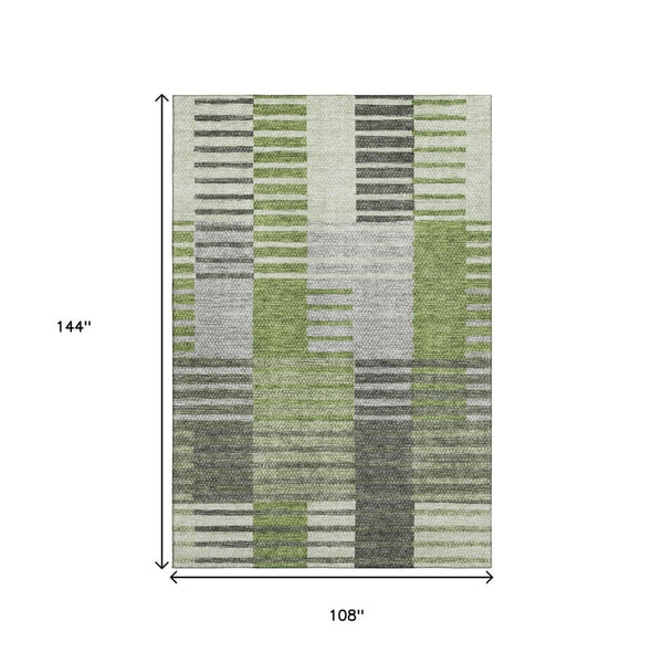 HomeRoots 9' X 12' Striped Area Rug in Green, Ivory & Gray - Durable, UV-Protected, Stain-Resistant Design 656255
