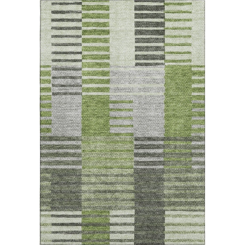 HomeRoots 9' X 12' Striped Area Rug in Green, Ivory & Gray - Durable, UV-Protected, Stain-Resistant Design 656255