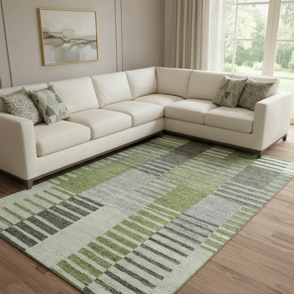 HomeRoots 9' X 12' Striped Area Rug in Green, Ivory & Gray - Durable, UV-Protected, Stain-Resistant Design 656255