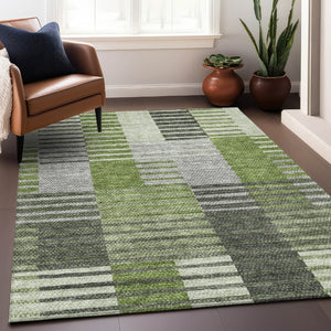 HomeRoots 9' X 12' Striped Area Rug in Green, Ivory & Gray - Durable, UV-Protected, Stain-Resistant Design 656255