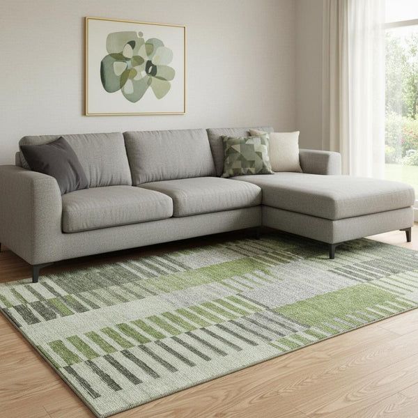 HomeRoots 10' X 14' Striped Washable Area Rug - Soft Green, Ivory & Gray, UV Protected, Stain Resistant Design! 656256