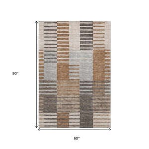 HomeRoots 5' X 8' Washable Rust Ivory and Gray Striped Area Rug with UV Protection for Family-Friendly Living 656258