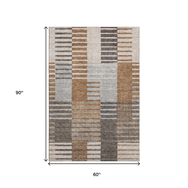HomeRoots 5' X 8' Washable Rust Ivory and Gray Striped Area Rug with UV Protection for Family-Friendly Living 656258