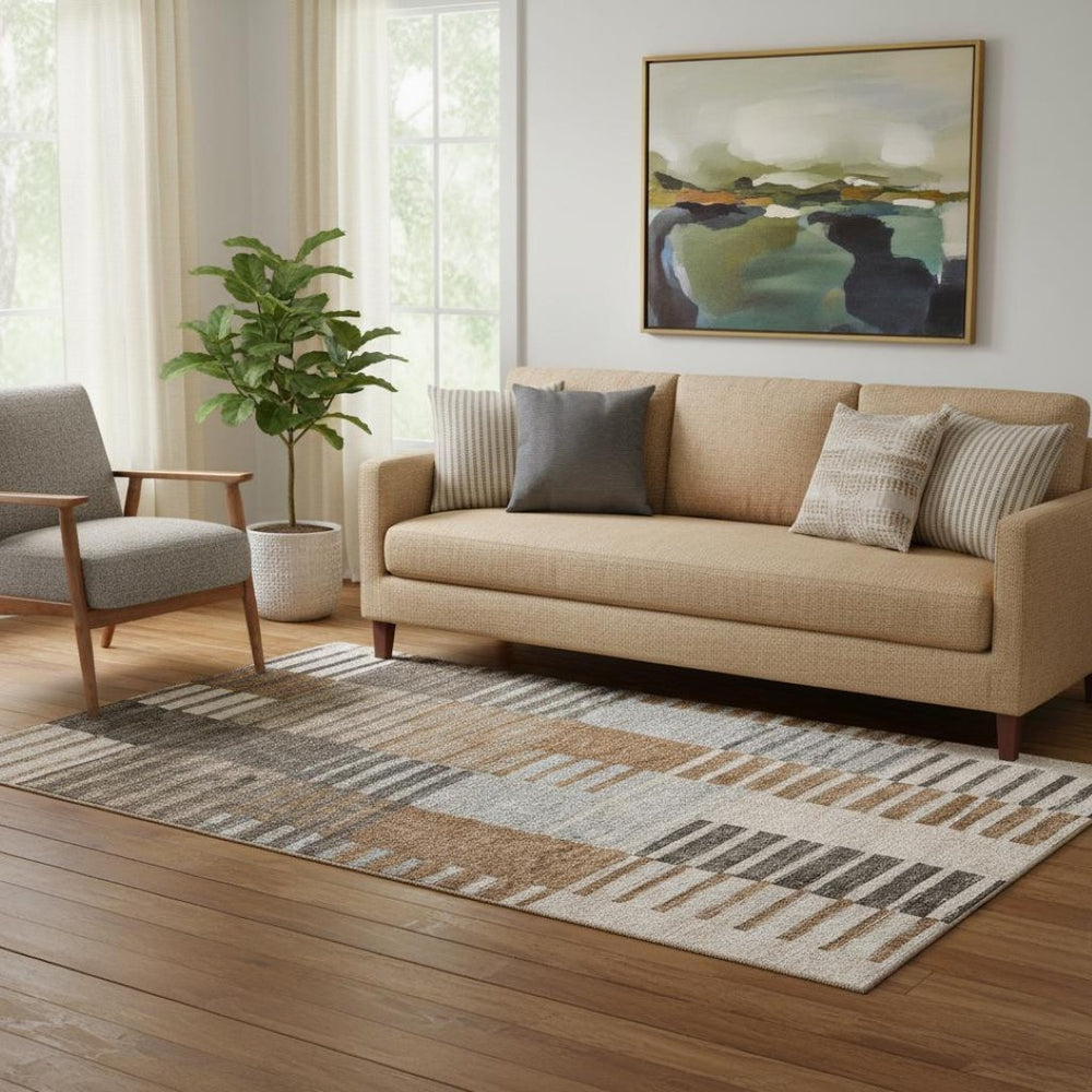 HomeRoots 5' X 8' Washable Rust Ivory and Gray Striped Area Rug with UV Protection for Family-Friendly Living 656258